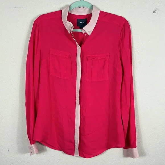 Anthropologie Maeve Hot Pink Bagatelle Button Down Long Sleeve Blouse Size 4 - Picture 2 of 13